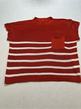 Source unknown Rust Red and White Striped Crewneck Sweater with Patch Pocket